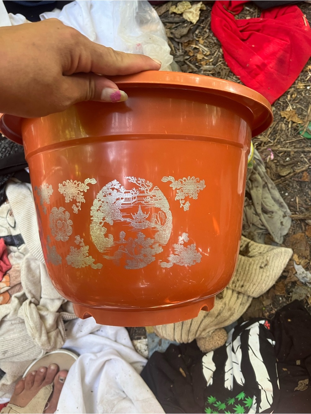 Decorative Orange Resin Planter Pot with Gold Motif